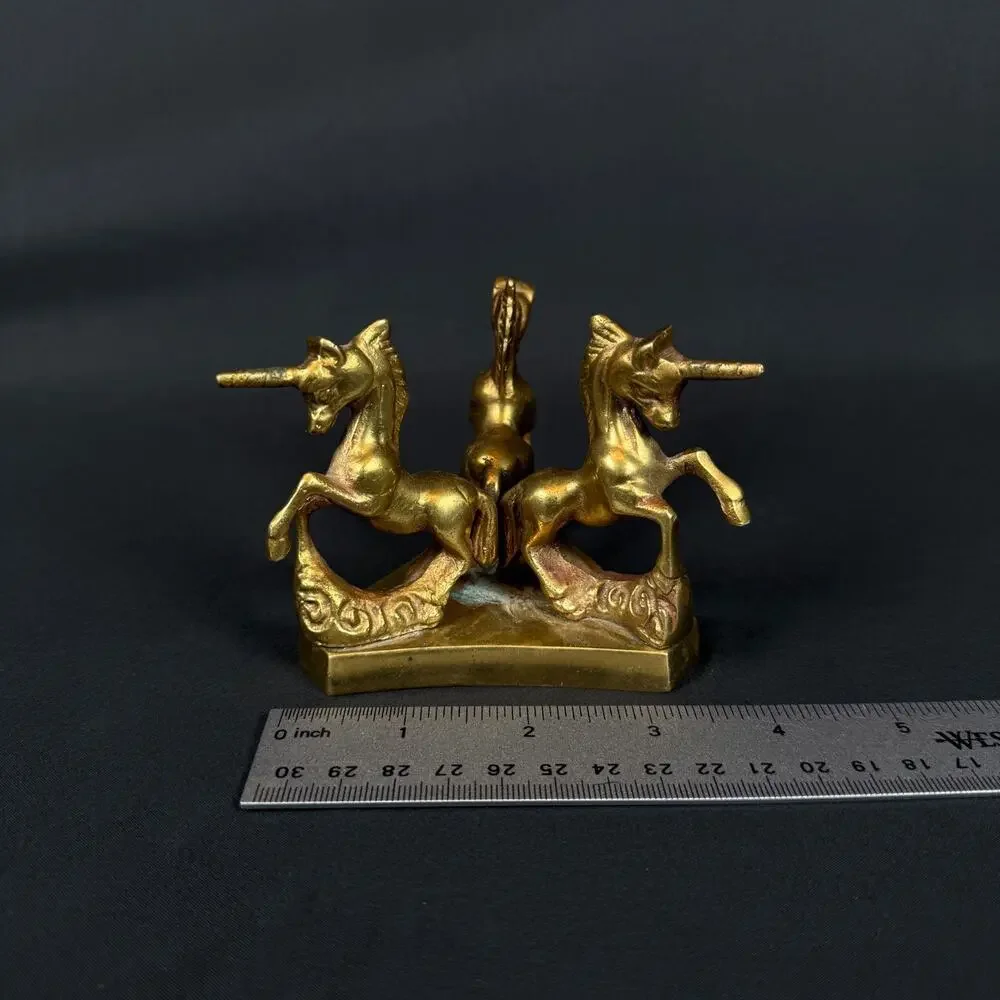 Vintage Brass Triple Unicorn Figurine Statue Horse Mythology Decor